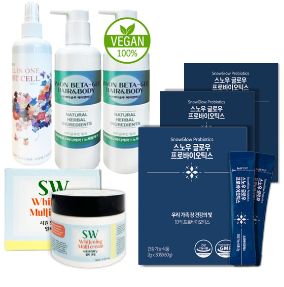시원베타글루 6개 + 스노우글로우프로바이오틱스 12개 + 시원화이트닝 멀티크림 3개 + 올인원미스트 3개