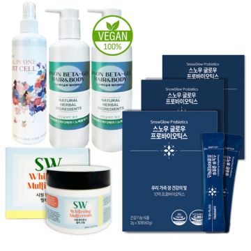 시원베타글루 6개 + 스노우글로우프로바이오틱스 12개 + 시원화이트닝 멀티크림 3개 + 올인원미스트 3개